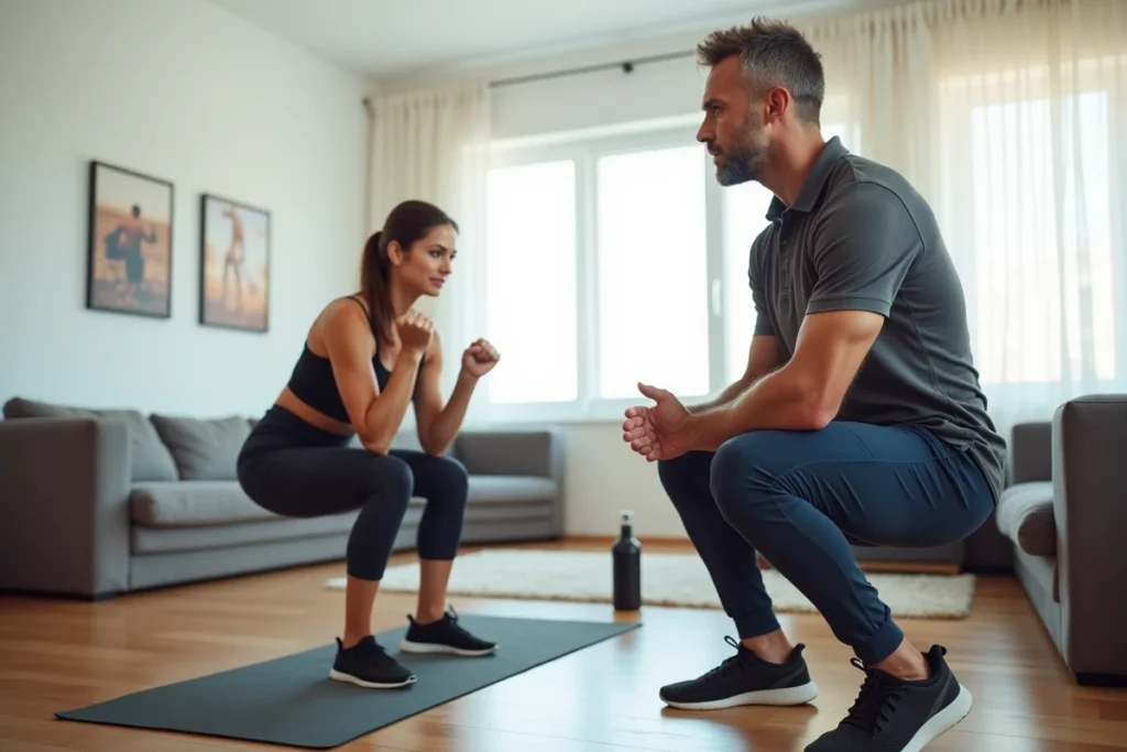 Coach sportif à domicile guidant une cliente dans ses exercices de squat dans un salon aménagé en salle de sport