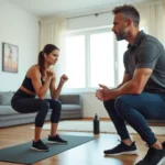 Coach sportif à domicile guidant une cliente dans ses exercices de squat dans un salon aménagé en salle de sport