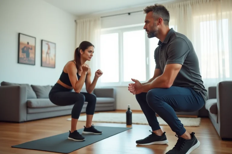 Coach sportif à domicile guidant une cliente dans ses exercices de squat dans un salon aménagé en salle de sport