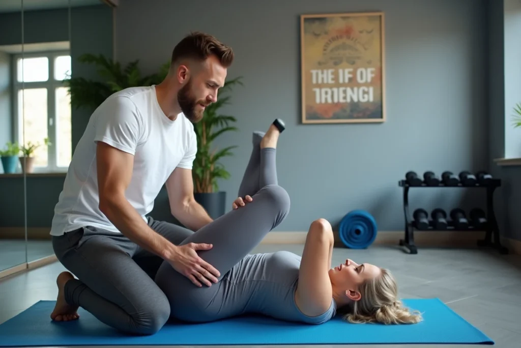 Coach sportif supervisant un exercice de gainage pour une femme dans une salle de sport aménagée à la maison
