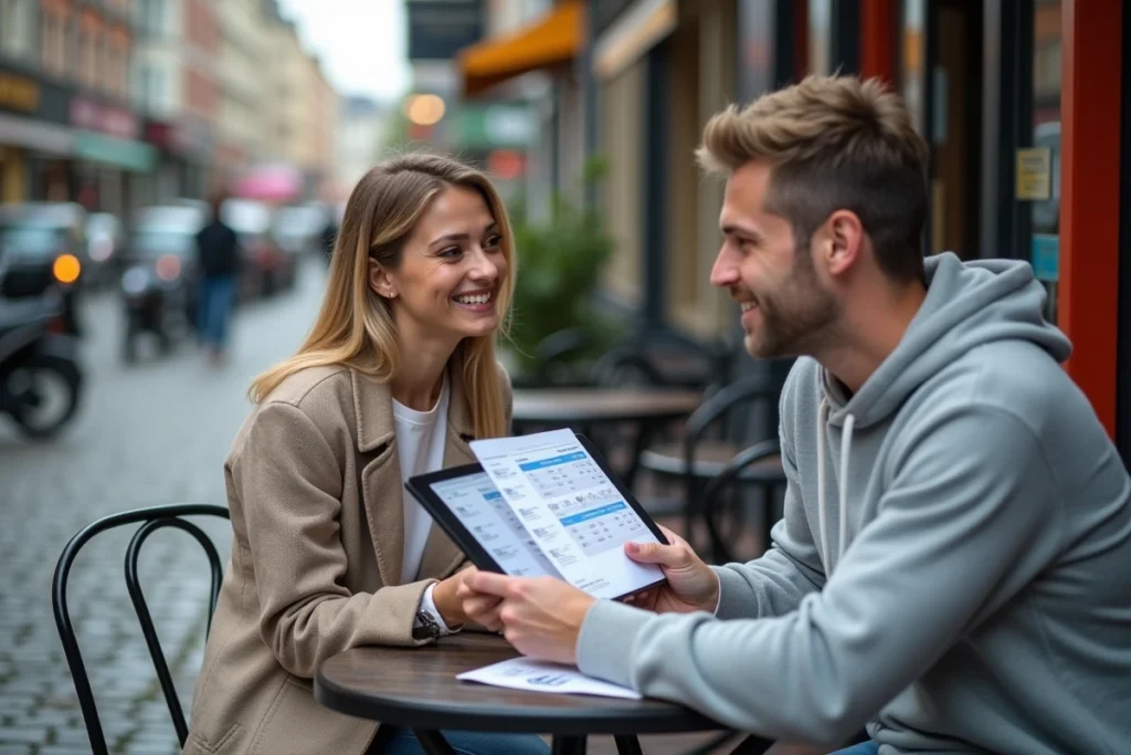 Deux collègues collaborant sur une stratégie de marketing digital en ligne autour d'une table de café en ville