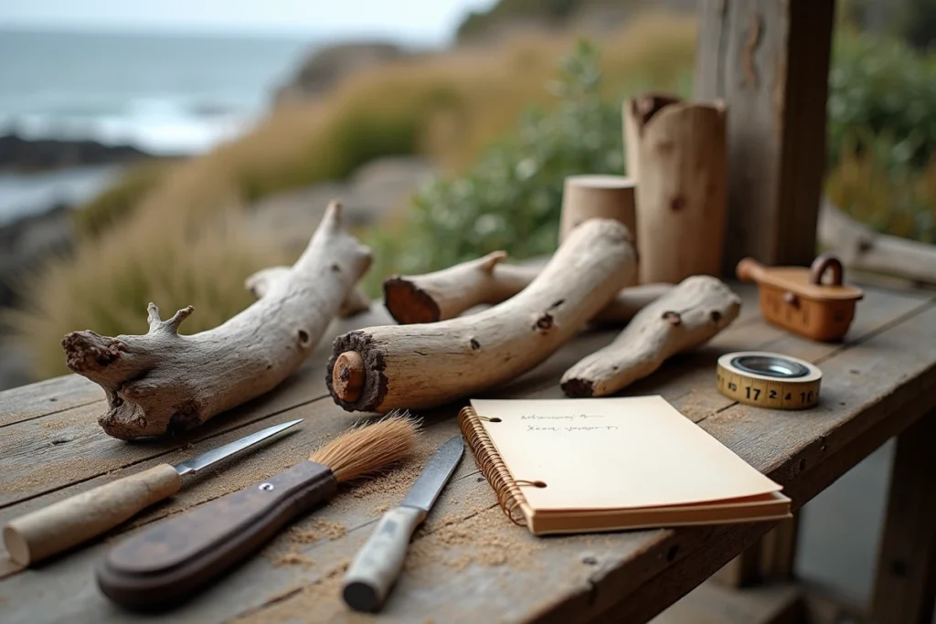 Collection de morceaux de bois flotté disposés sur une table en bois avec des outils de sélection artisanaux sur une terrasse bord de mer