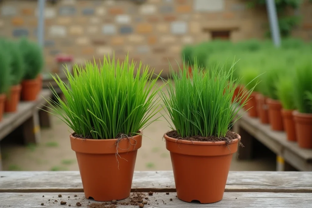 Comparaison de deux variétés de gazon résistant dans des pots en terre cuite sur un établi de jardinerie méditerranéenne