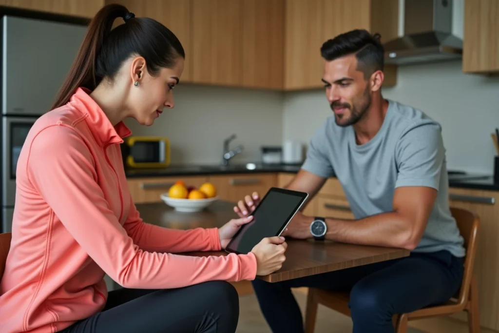 Coache sportive en consultation à domicile avec un client pour élaborer un programme d'entraînement personnalisé