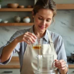 Femme versant 400 ml de liquide dans un pichet gradué pour une conversion en litres en cuisine