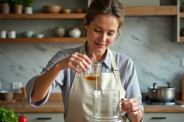 Femme versant 400 ml de liquide dans un pichet gradué pour une conversion en litres en cuisine