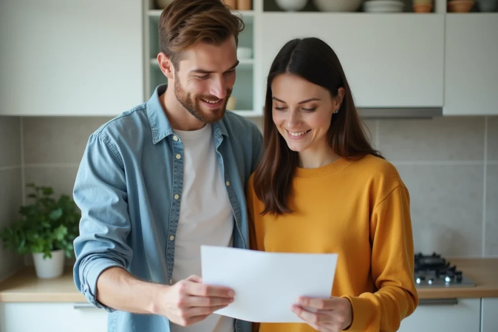 Couple préparant une lettre de résiliation d'assurance habitation à envoyer par courrier