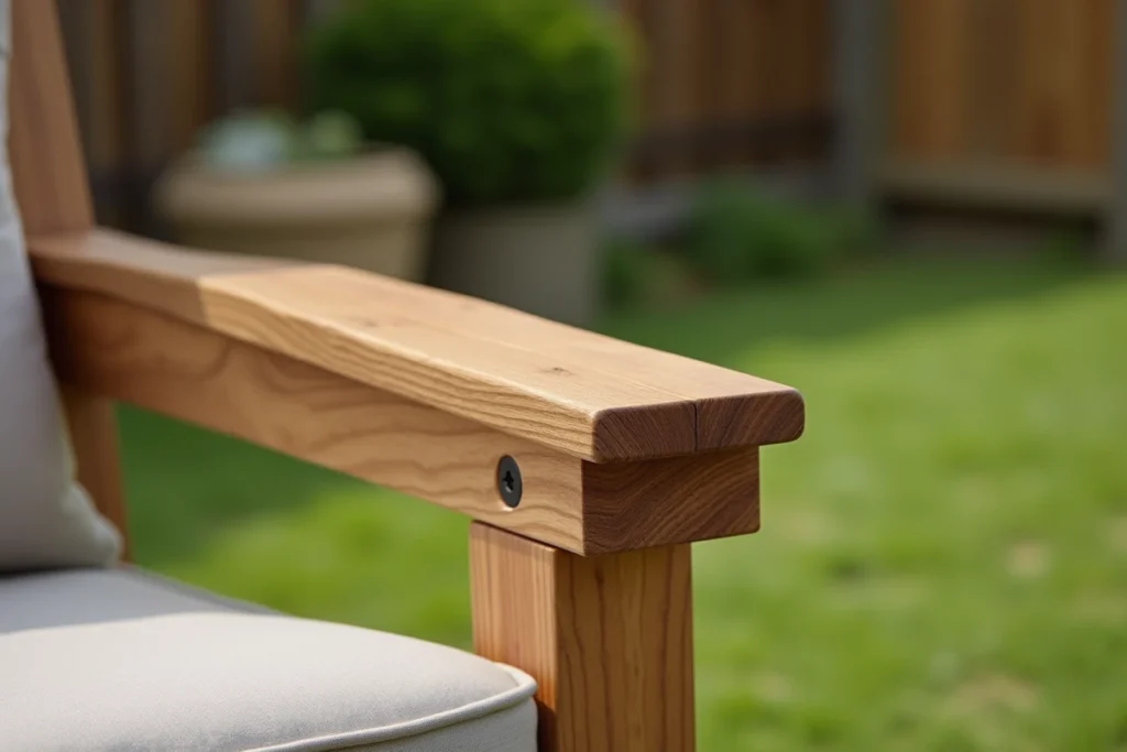 Détail de la menuiserie d'un fauteuil de jardin en bois d'acacia huilé montrant la qualité de la construction et le grain naturel du bois