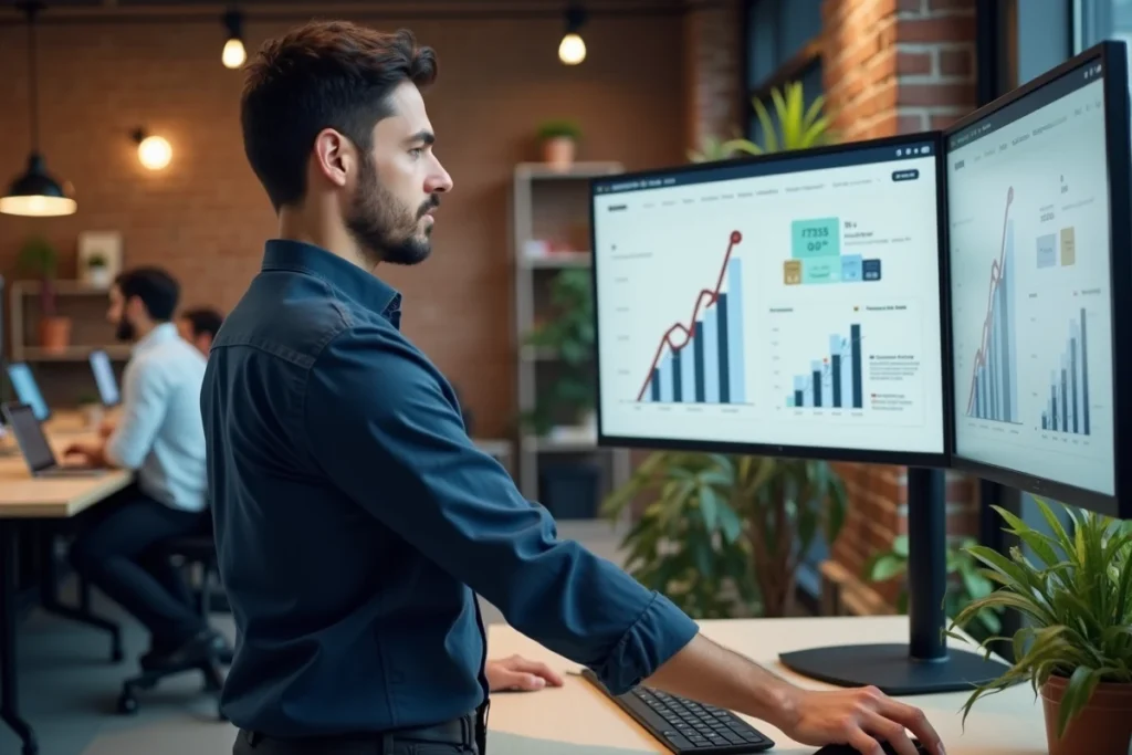 Entrepreneur masculin présentant une stratégie de développement e-commerce dans un espace de coworking