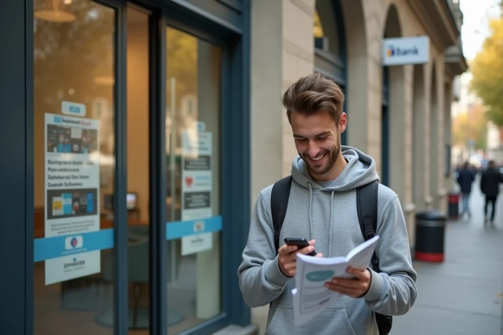 Étudiant consultant son téléphone devant une agence bancaire française proposant un prêt étudiant sans intérêts