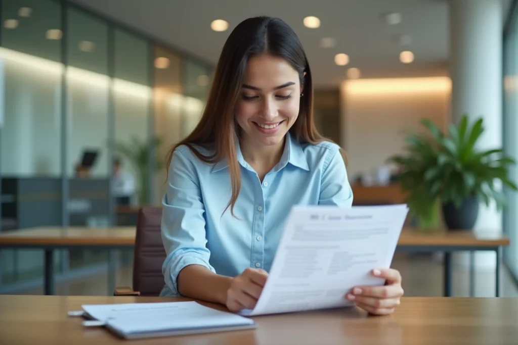 Étudiante en train de signer un contrat de crédit étudiant à taux zéro dans une agence bancaire française