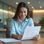 Étudiante en train de signer un contrat de crédit étudiant à taux zéro dans une agence bancaire française