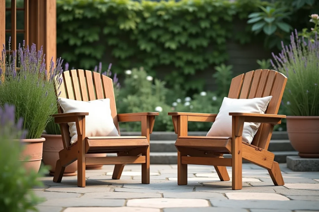 Deux fauteuils de jardin en teck massif sur une terrasse en pierre entourée de plantes vertes et de lavande en pot