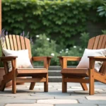 Deux fauteuils de jardin en teck massif sur une terrasse en pierre entourée de plantes vertes et de lavande en pot