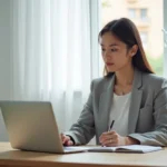 Femme entrepreneur travaillant sur sa stratégie de business en ligne depuis un bureau à domicile moderne