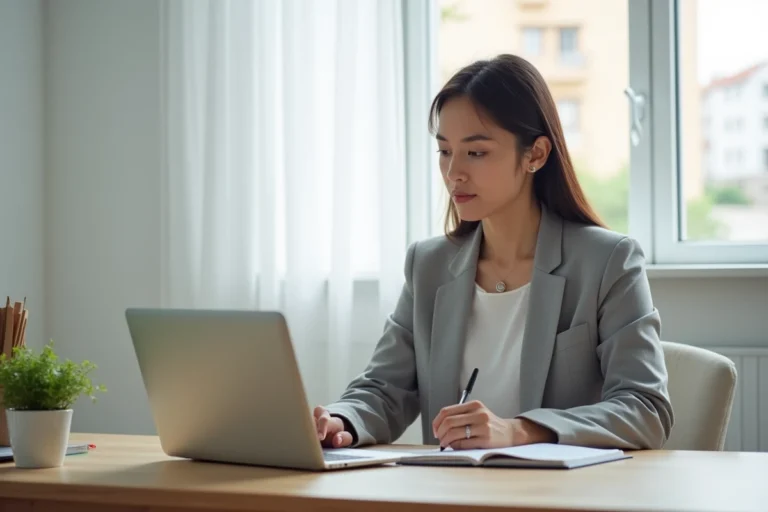 Femme entrepreneur travaillant sur sa stratégie de business en ligne depuis un bureau à domicile moderne