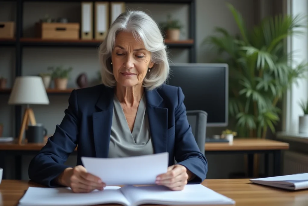 Femme senior dans un bureau de Pôle Emploi consultant des documents sur la dispense de recherche d'emploi