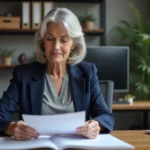 Femme senior dans un bureau de Pôle Emploi consultant des documents sur la dispense de recherche d'emploi