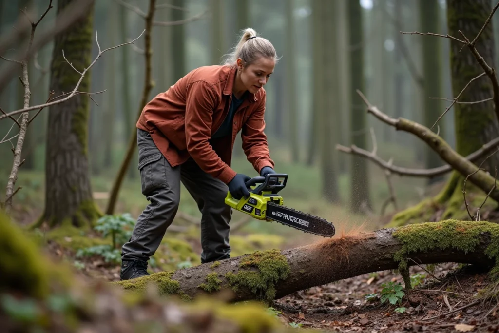 Femme utilisant une tronçonneuse Ryobi 18V OCS1830 pour couper une branche dans une forêt, en tenue de travail complète