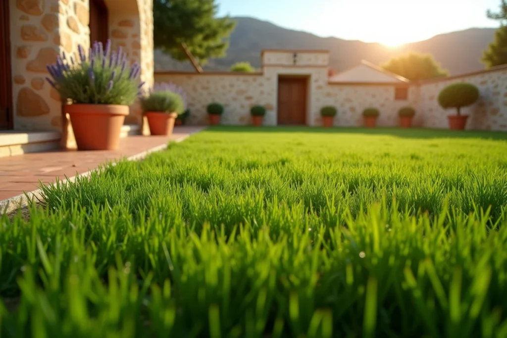 Pelouse dense et verdoyante dans un jardin méditerranéen avec des plantes aromatiques et un mur en pierre blanche