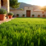 Pelouse dense et verdoyante dans un jardin méditerranéen avec des plantes aromatiques et un mur en pierre blanche