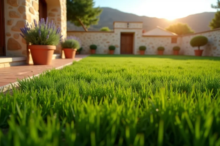 Pelouse dense et verdoyante dans un jardin méditerranéen avec des plantes aromatiques et un mur en pierre blanche