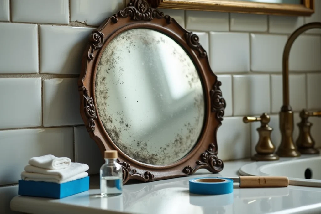 Gros plan d'un miroir piqué posé sur un plan de travail avec les produits nécessaires à sa restauration artisanale