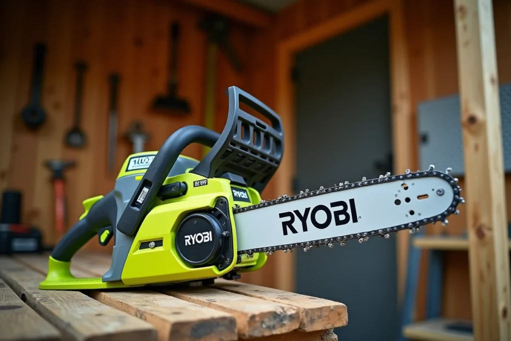 Gros plan sur la tronçonneuse Ryobi 18V OCS1830 posée sur un établi en bois, avec batterie et chaîne visibles
