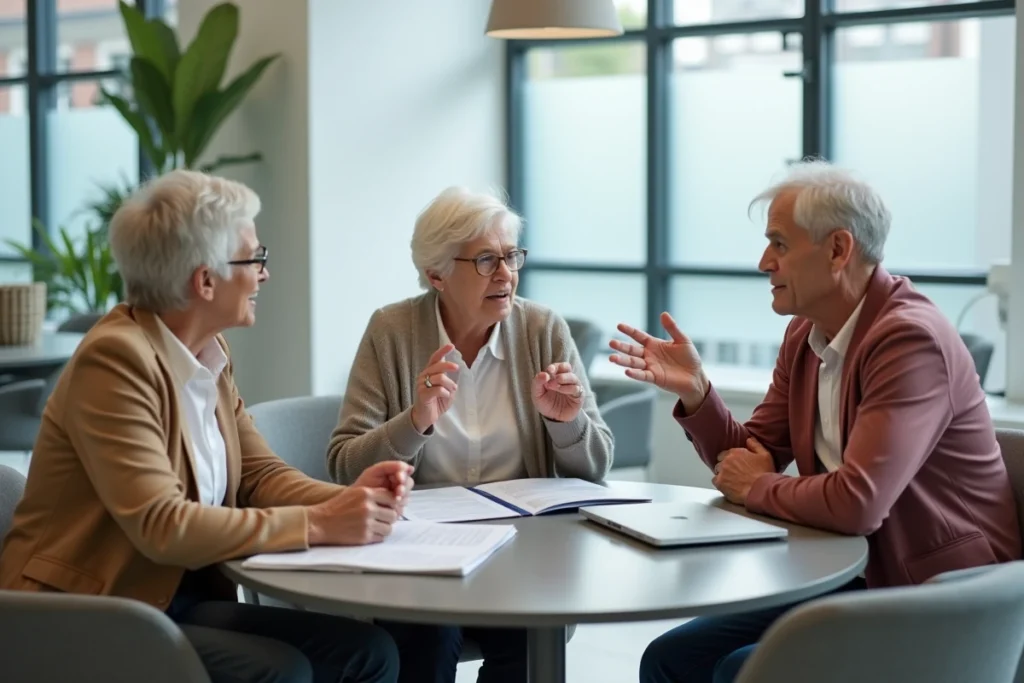 Groupe de seniors en réunion discutant des conditions d'âge pour la dispense de recherche d'emploi en France