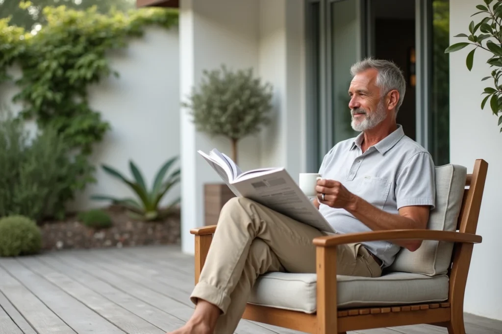 Homme d'une quarantaine d'années assis confortablement dans un fauteuil de jardin en bois d'eucalyptus sur une terrasse en bois contemporaine