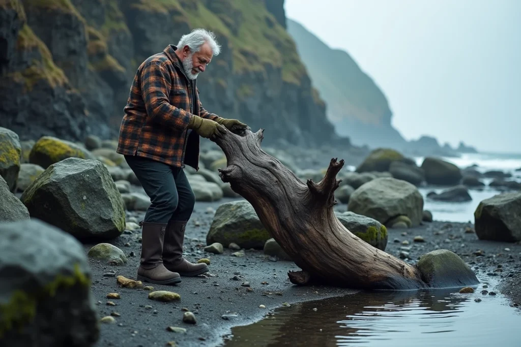 Homme examinant un grand morceau de bois flotté sur un rivage rocheux couvert d'algues, entouré de rochers basaltiques et de falaises côtières