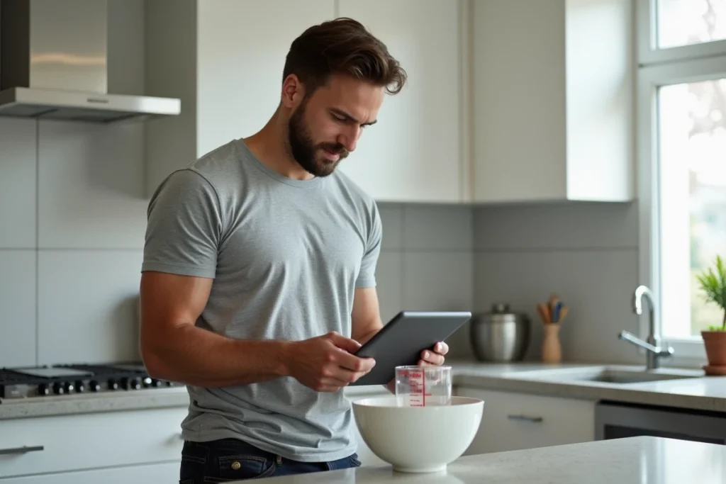 Homme consultant une tablette pour convertir 400 ml en litres tout en tenant un verre doseur dans une cuisine moderne