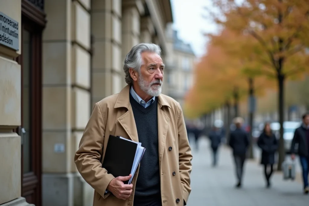 Homme d'âge mûr devant un bâtiment administratif français tenant un dossier pour une démarche de dispense de recherche d'emploi
