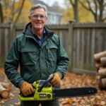 Homme portant une tronçonneuse Ryobi 18V OCS1830 dans un jardin en automne, équipé de lunettes de protection et gants en cuir