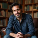 Portrait intime de Jules Torres assis dans une bibliothèque personnelle, partageant des confidences dans une ambiance chaleureuse et authentique