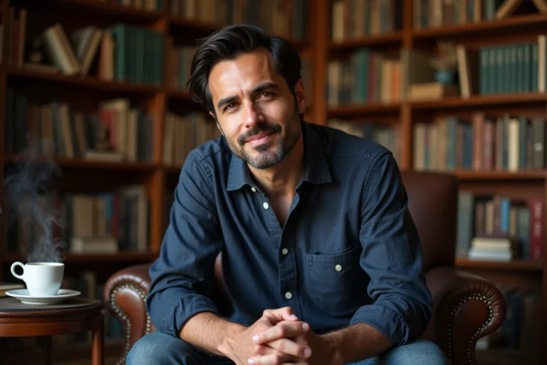 Portrait intime de Jules Torres assis dans une bibliothèque personnelle, partageant des confidences dans une ambiance chaleureuse et authentique