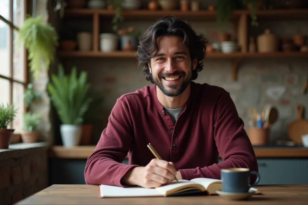 Jules Torres dans sa cuisine personnelle, consulant un journal intime dans une scène authentique révélant des aspects de sa vie privée