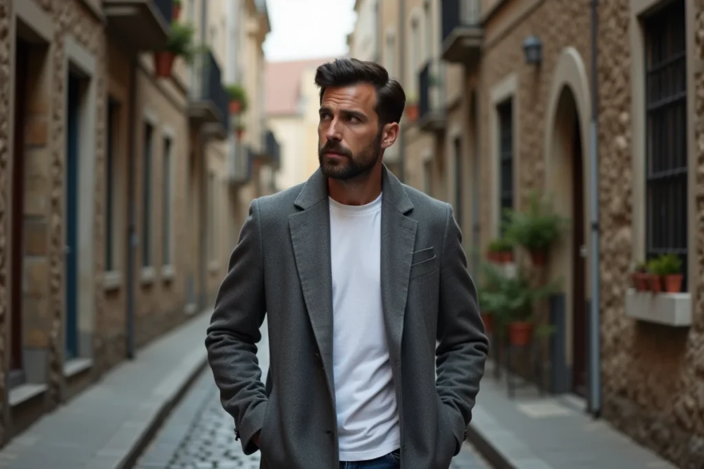Jules Torres marchant dans une rue pavée et calme, capturé dans son environnement quotidien lors d'un reportage sur sa vie privée