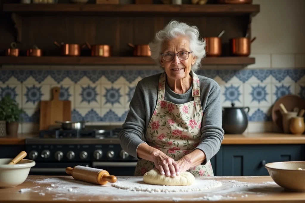 Une grand-mère néerlandaise (oma) pétrissant de la pâte dans une cuisine traditionnelle hollandaise avec carreaux bleus et blancs et ustensiles en cuivre