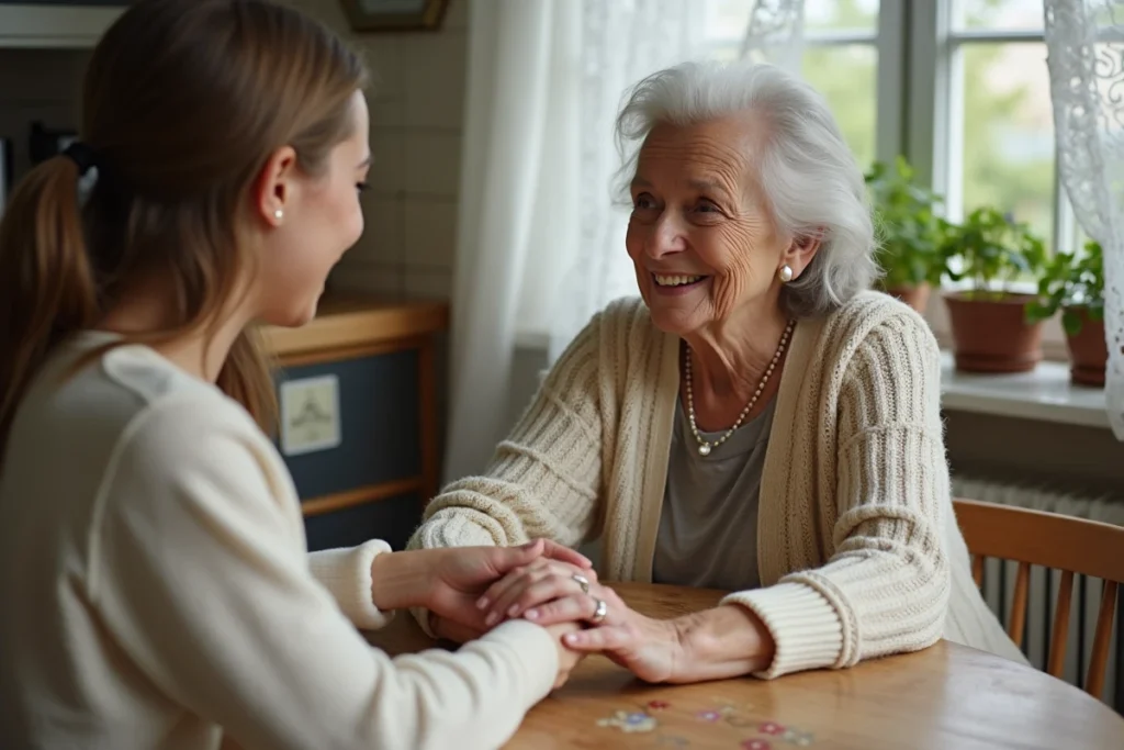 Grand-mère néerlandaise tenant la main de sa petite-fille autour d'une table en bois avec nappe fleurie vintage, illustrant la signification affectueuse du mot 'oma' en néerlandais