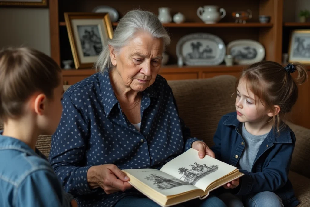 Une oma néerlandaise lisant un livre illustré à de jeunes adultes dans un salon traditionnel hollandais avec faïences de Delft en arrière-plan