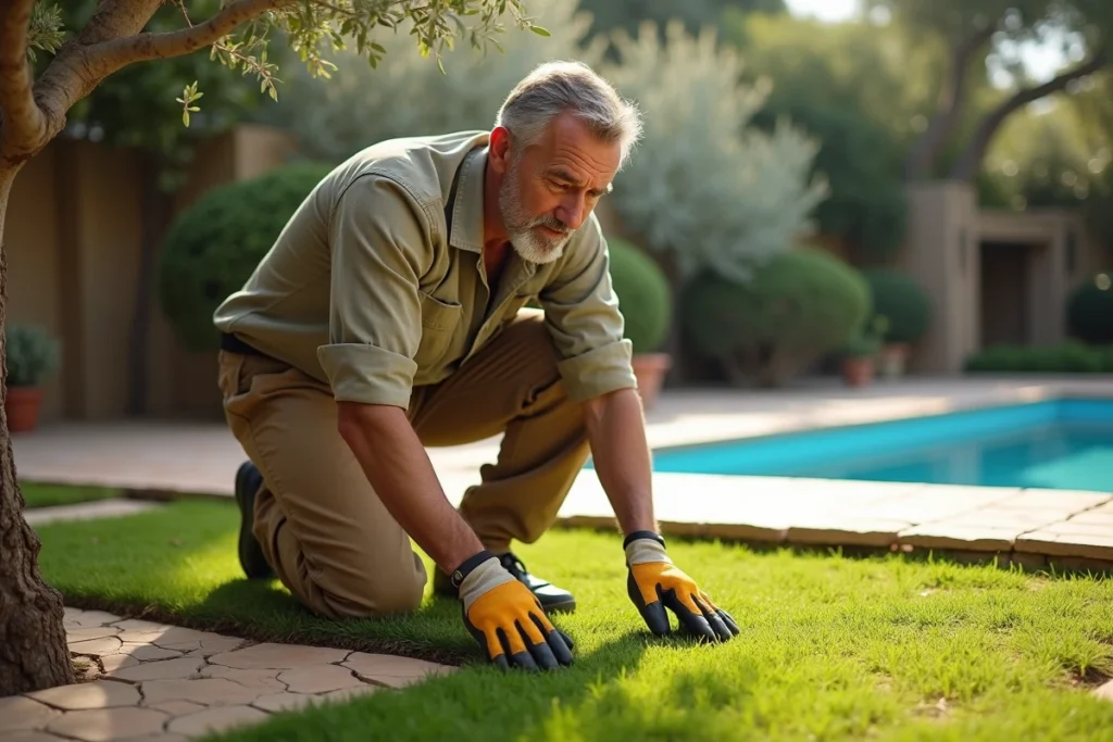 Paysagiste inspectant une pelouse résistante à la sécheresse dans un jardin méditerranéen ensoleillé
