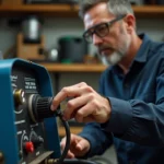 Technicien réglant la vitesse du fil fourré sur un poste à souder MIG Parkside dans un atelier professionnel