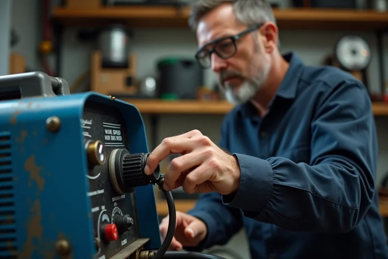 Technicien réglant la vitesse du fil fourré sur un poste à souder MIG Parkside dans un atelier professionnel