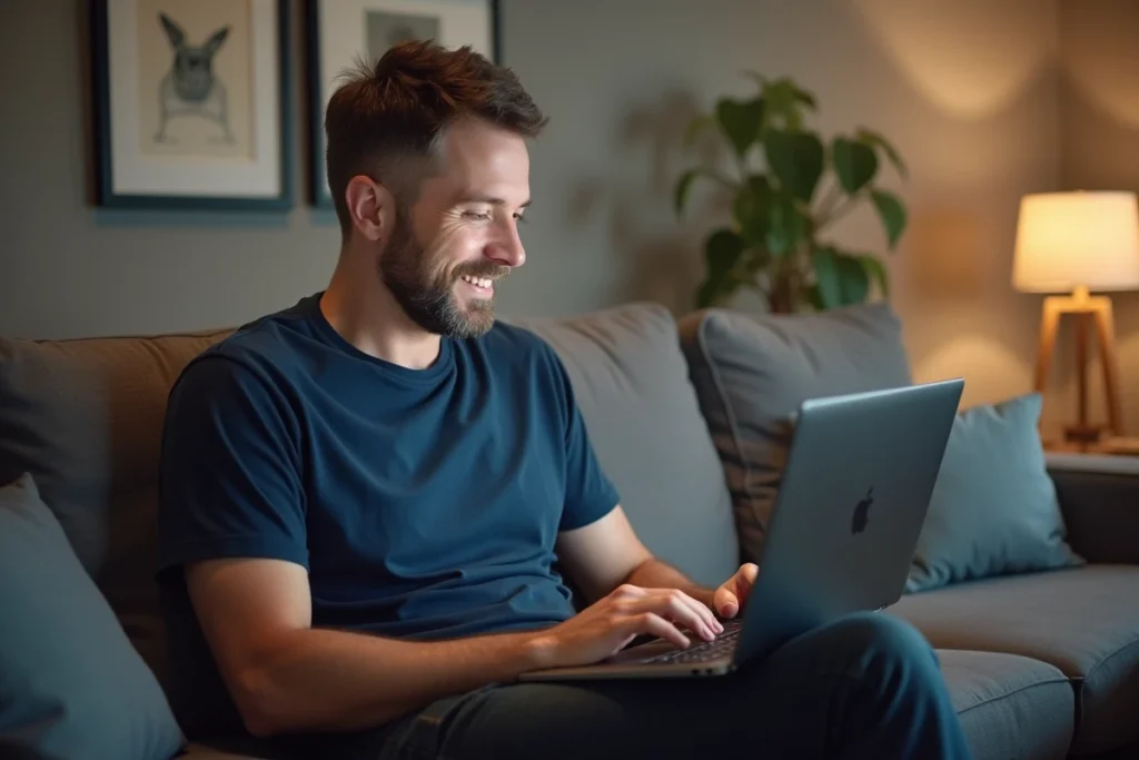 Homme utilisant un ordinateur portable pour résilier son assurance habitation AXA en ligne depuis son salon