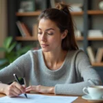Femme en train de relire son contrat d'assurance habitation avant de procéder à sa résiliation