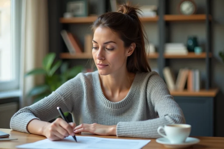 Femme en train de relire son contrat d'assurance habitation avant de procéder à sa résiliation