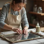 Femme restaurant un miroir piqué à la maison avec un produit de restauration argenté appliqué sur le tain abîmé