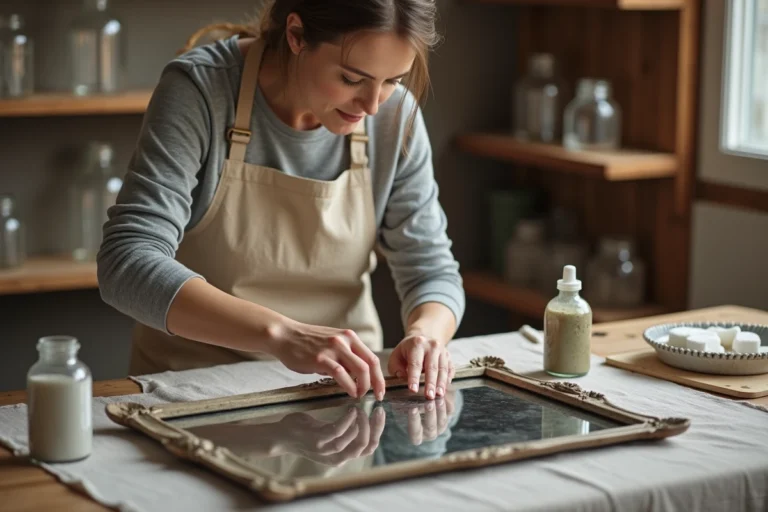 Femme restaurant un miroir piqué à la maison avec un produit de restauration argenté appliqué sur le tain abîmé