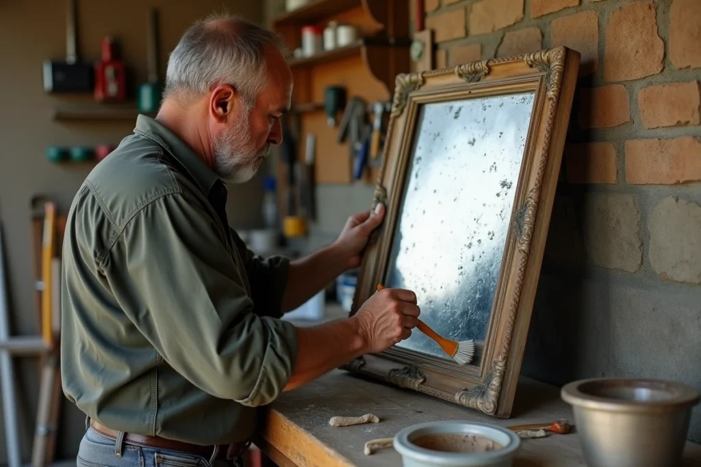 Homme retirant le tain détérioré d'un miroir ancien avec un pinceau dans un atelier de garage rustique